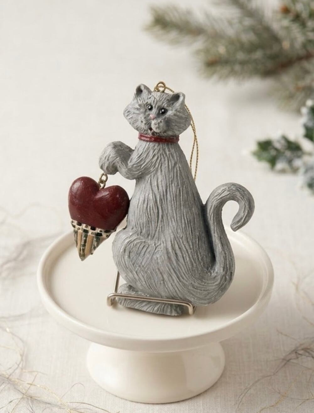 Vintage Kurt Adler Cat Ornament Holding Red Heart, Folk Art Christmas Valentine